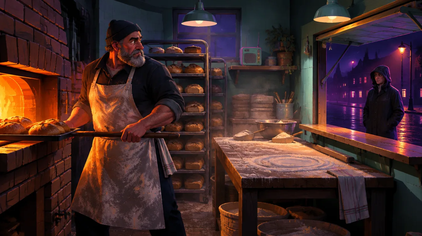 Otis menarik roti dari oven bata di dapur roti, seorang pelanggan menunggu di jendela saji.